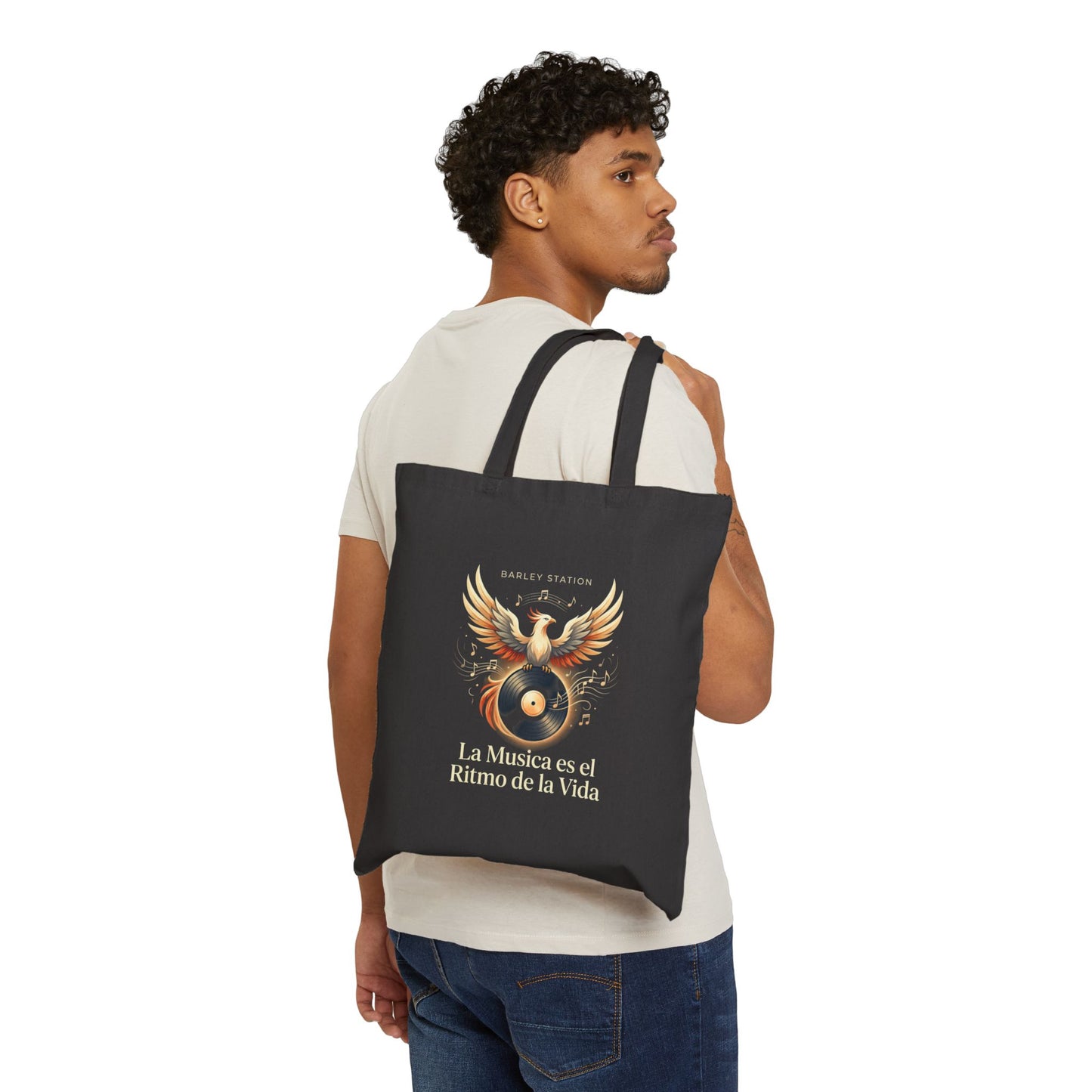 Music Is Life Cotton Tote — "La Música es el Ritmo de la Vida" Winged Vinyl Tote