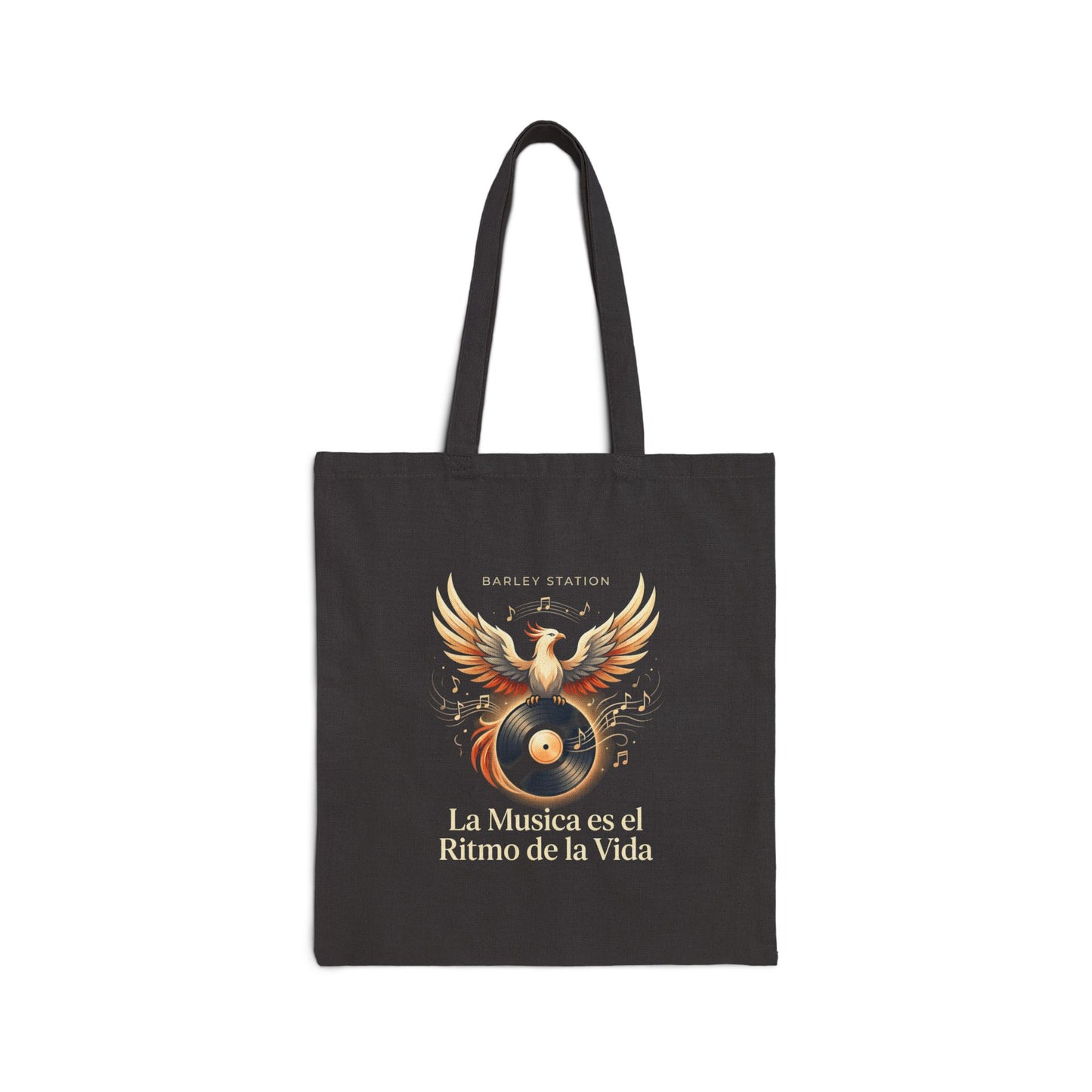 Music Is Life Cotton Tote — "La Música es el Ritmo de la Vida" Winged Vinyl Tote