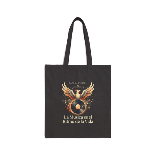 Music Is Life Cotton Tote — "La Música es el Ritmo de la Vida" Winged Vinyl Tote